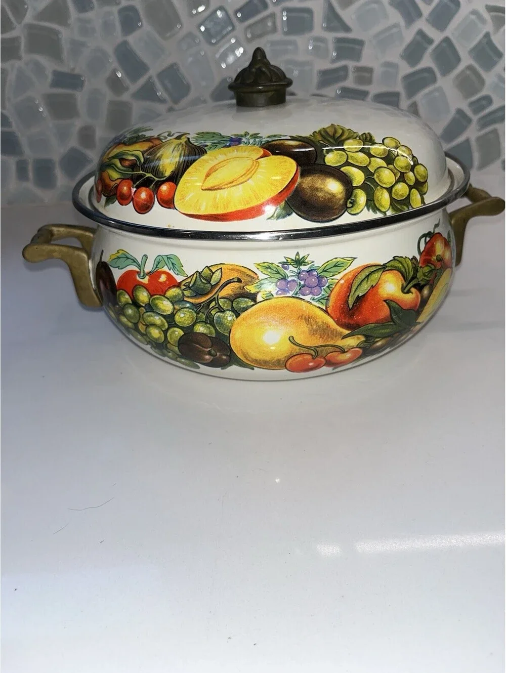 Vintage Cornucopia Enamelware Dutch Oven Pot With Brass Knob Handles cottagecoe